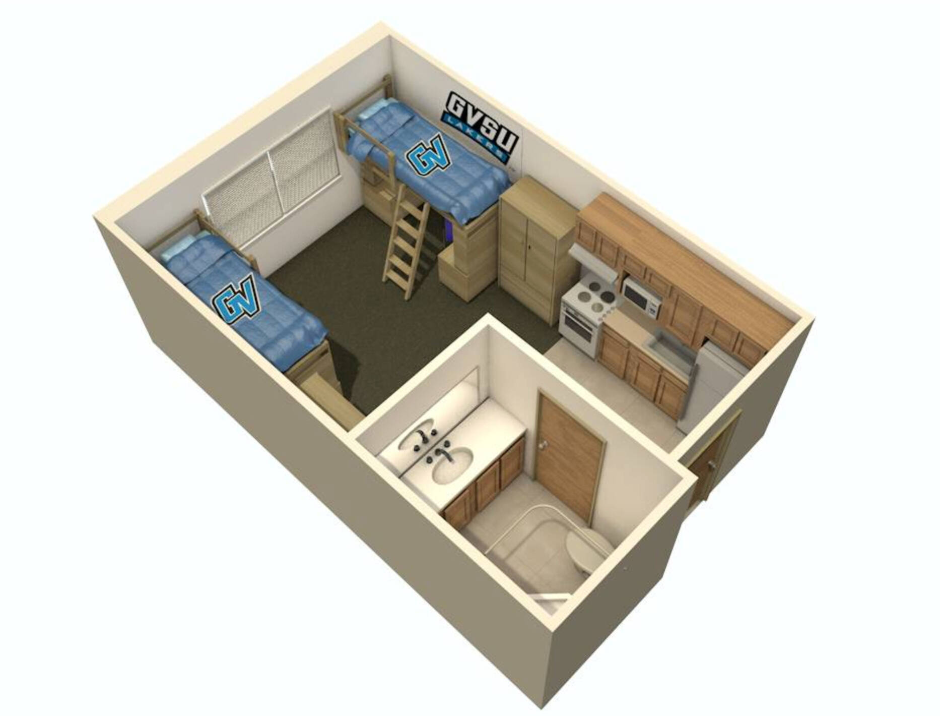 One-bedroom apartment style layout, with two beds, wardrobes, and desks, as well as a bathroom and kitchen.
